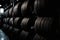 car tires arranged neatly on a warehouse shelf