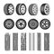 Car tires and track traces vector isolated icons of tire