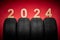 Car tires, winter wheels, isolated new tyres, happy new year 2024 on red background