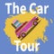 Car with top luggage carrier. Text - The Car Tour