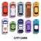 Car top view. City vehicle transport. Automobile cars for transportation, from above auto car vector isolated icons