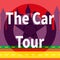 Car tour on wheel and city silhouette background