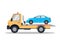 Car tow truck accident roadside assistance. Crash breakdown flatbed blue car recovery tow truck