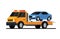 Car tow truck accident roadside assistance. Crash breakdown flatbed blue car recovery tow truck