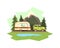 Car Towing Caravan Trailer Against Mountain Landscape Vector illustration