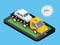 Car towing truck, online roadside assistance. Evacuator in mobile app. Flat design illustration.