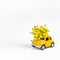 Car toy model delivering bouquet of mimosa flowers