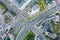 Car traffic on city crossroad. aerial top view