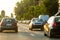 Car traffic at rush hour in downtown area. Traffic jam, cars on the road at sunset in Bucharest, Romania, 2020