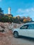 car travel concept suv near lefkada lighthouse