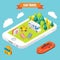Car travel isometric objects on mobile phone screen. Vector illustration in flat 3d style. Outdoor camp activity in a