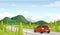 Car travel, road trip flat vector illustration. Minivan on highway and empty, blank traffic sign. Scenic landscape