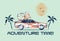 Car traveling illustration in retro 1980s style. Automobile trip concept. Vintage vehicle, palms and sun
