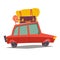 Car for traveling vector. Red car, vehicle transport with baggage. Car for family trip, side view