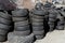 Car tyres stacked recycling compound environment ole used rubber black