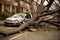 Car under a fallen tree after big storm. Generative AI