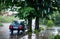 The car under the tree during a downpour in defocus  blurry