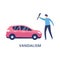 Car vandalism with man hitting automobile, flat vector illustration isolated.