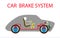 Car vehicle brake system scheme and cut engine motor in silhouette automobile with driver in before and after push on pedal.