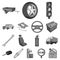 Car, vehicle monochrome icons in set collection for design. Car and equipment vector symbol stock web illustration.