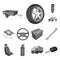 Car, vehicle monochrome icons in set collection for design. Car and equipment vector symbol stock web illustration.