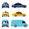 Car view. Delivery truck, police automobile and taxi auto side front viewing isolated urban drivers vector set