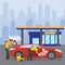 Car wash full service around the clock city station vector illustration flat. People workers man and woman in uniform