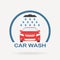 Car wash icon or label with auto shower and water drops. Colorful vector illustration of washing vehicle symbol in flat design.