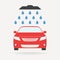 Car wash icon or sign with shower and water drops. Colorful vector illustration of red vehicle in flat design.