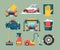 Car wash service. Dirty machines in clean building water bucket wiping sponge vector icons cartoon