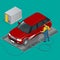 Car wash specialist in uniform washing off-road car. Spraying water from the hose. Flat 3d vector isometric illustration