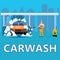 Car Washing Auto center station. Service man worker washing, clean car, foam bubbles. Vector illustration isolated