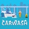 Car Washing Auto center station. Service man worker washing, clean car, foam bubbles. Vector illustration isolated