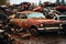 Car waste concept rusting old cars in a junkyard for recycling