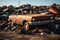 Car waste concept rusting old cars in a junkyard for recycling