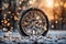 a car wheel on the background of a winter snow-covered forest, beautiful landscape, a concept of traffic safety on a slippery road