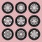 Car wheel. Flat icons on pink background. Silhouette vector