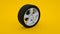 Car wheel isolated on yellow background. Alloy wheels tire auto. Minimalist creative concept. 3d illustration