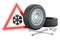 Car wheel with winter studded snow tire with cross wrench and beware of ice or snow, road sign. 3D rendering