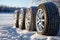 a car wheels on the background of a winter snow-covered forest, beautiful landscape, a concept of traffic safety on a