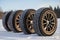 a car wheels on the background of a winter snow-covered forest, beautiful landscape, a concept of traffic safety on a