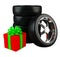 Car wheels with big red gift box