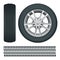 Car wheels and tires in a row. Car tires and track traces vector isolated icons