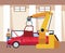 Car workshop scenery with mechanic holding a battery and machine holding a door