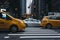 Car and yellow taxis on street in Manhattan New York, USA, motion blur