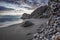 Carabeo beach at sunset with fishing hut, Nerja, Spain