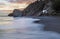 Carabeo beach at sunset with fishing hut, Nerja, Spain