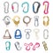 Carabiner clasps vector illustrations metal colored hooks, clips, snap and claws icon set isolated on white background