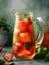 Carafe of refreshing strawberry drink summer drink on green background. Cold fruity sangria with ice. Generative AI