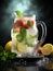 Carafe of summer drink with strawberries, lemons, and mint. Refreshing white sangria with ice and summer fruits. Generative AI